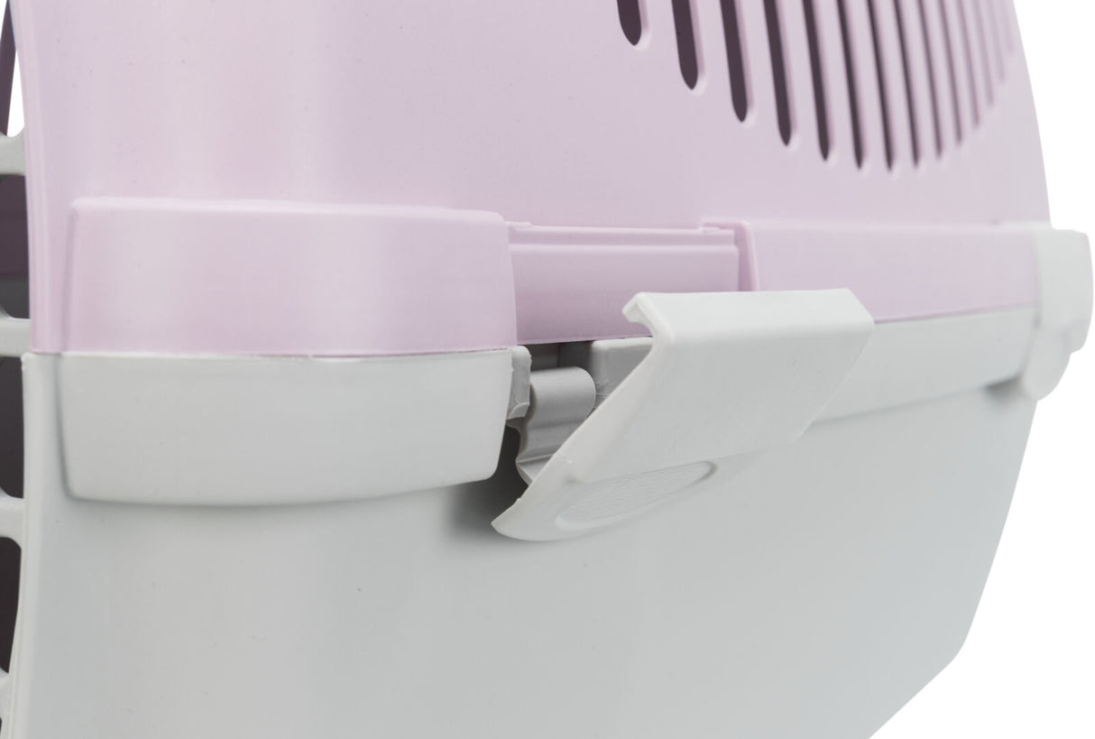 Die Abbildung zeigt den Verschluss einer Transportbox in Weiß und Rosa mit belüfteten Seitenöffnungen.