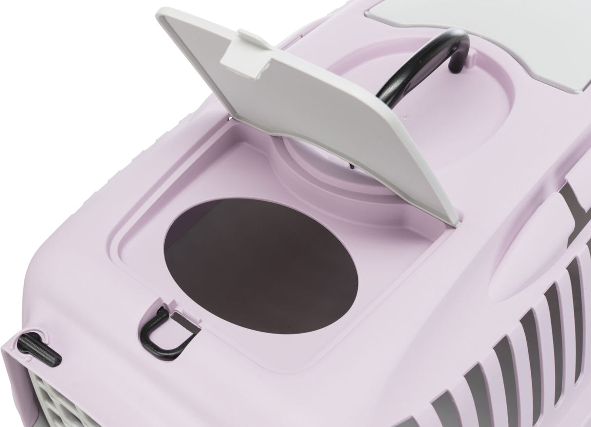 Transportbox in hellviolett mit schwarzem Griff und offenem, rundem Deckelklappverschluss.