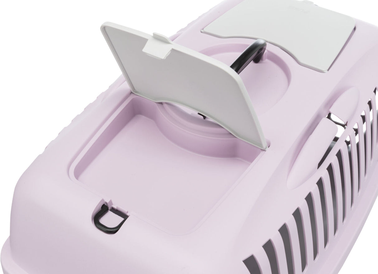 Eine lila Transportbox mit Lüftungsschlitzen und offenem, klappbarem Fach auf der Oberseite.