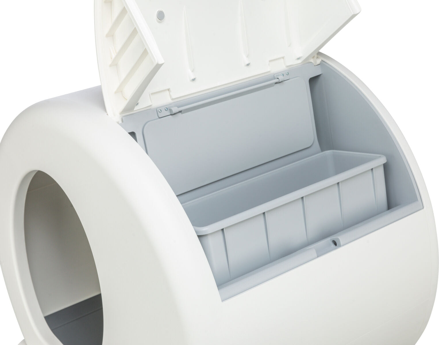 Weiße, runde Katzentoilette mit offenem Deckel, darunter ein graues, herausnehmbares Fach sichtbar.