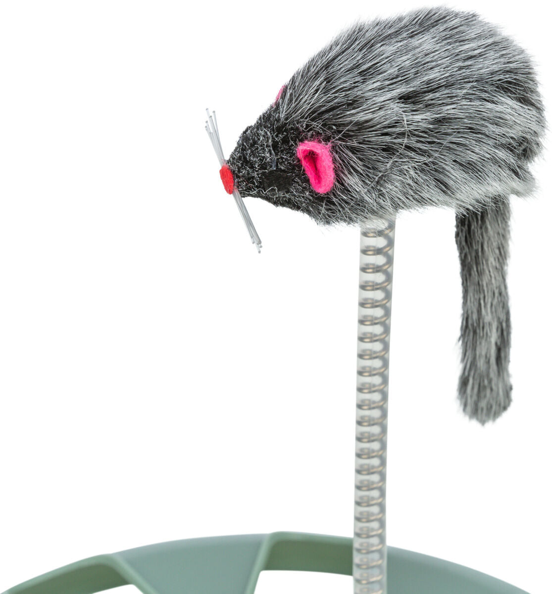 Katzenspielzeug mit grauem Kunstfell, rosa Ohren und roter Nase auf spiralförmigem, grauem Ständer.
