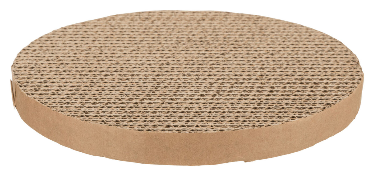 Runde, flache Scheibe aus welliger, brauner Pappe mit strukturierter Oberfläche.