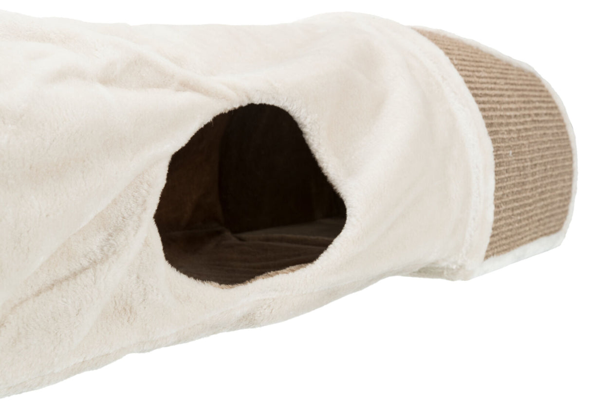 Beige-farbene Höhle mit rundem Eingang, kuscheliges Material, glatte Oberfläche, brauner Innenraum.