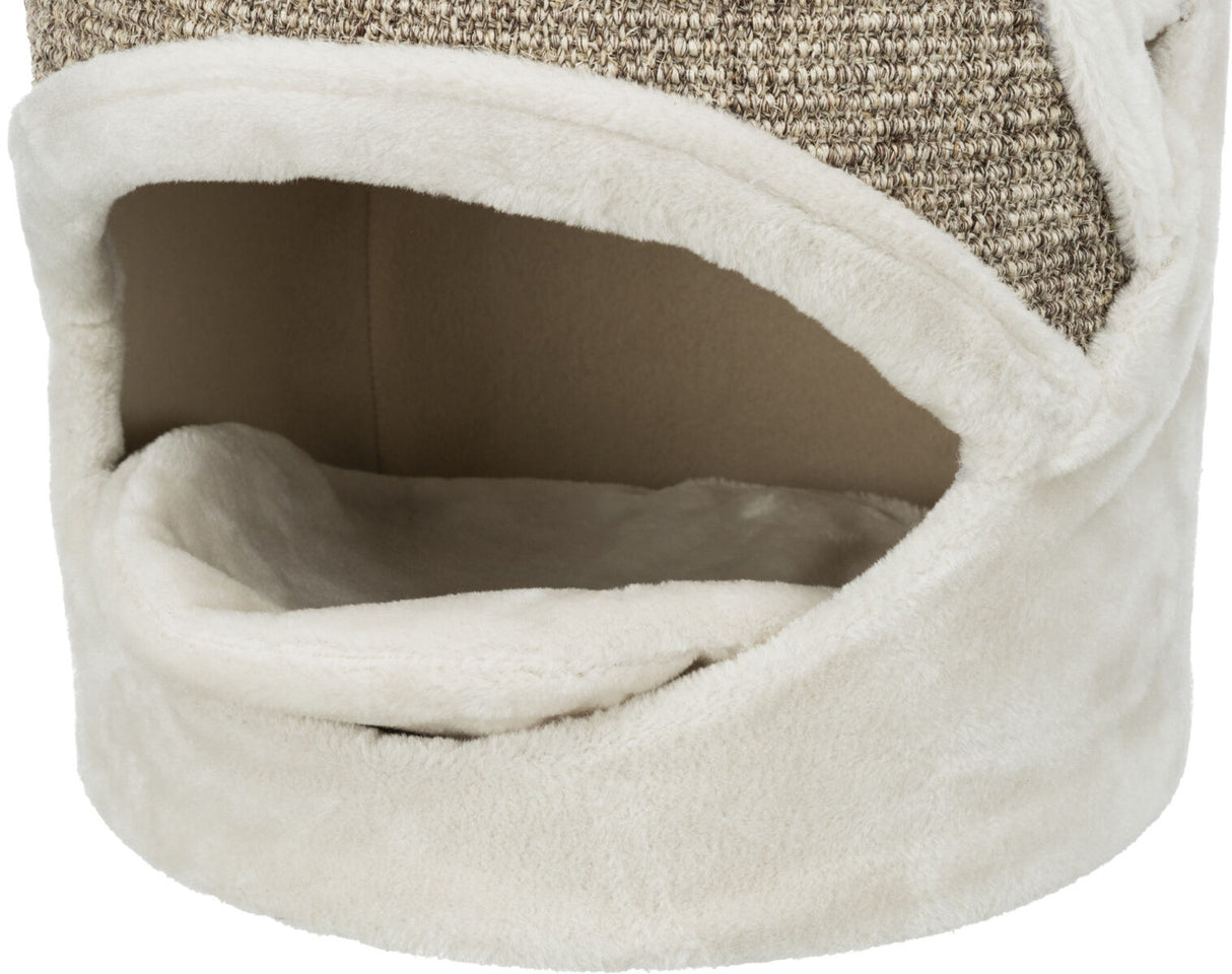 Runde, beige Stoffhöhle mit offenem Eingang und weicher Innenseite, Oberfläche teilweise strukturiert.