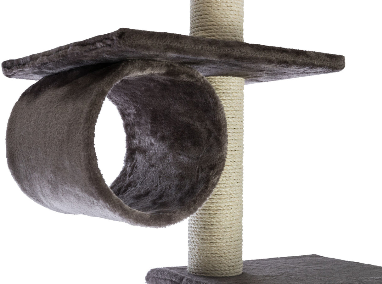 Kratzbaum mit hellbraunem Sisalstamm und rundem, grau gepolstertem Tunnel auf einer quadratischen Plattform.