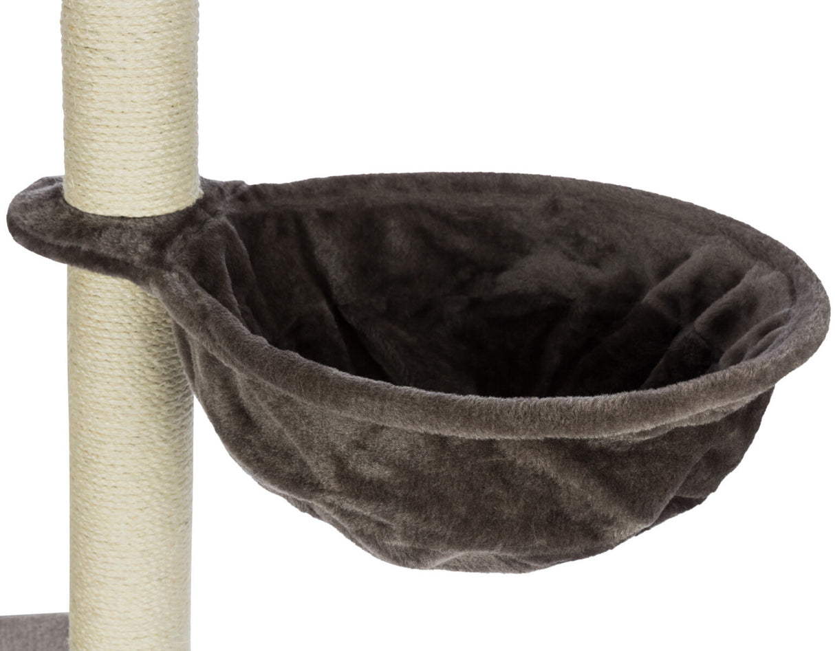 Dunkelgraue Stoffschale an beigem Kratzbaumstamm befestigt.