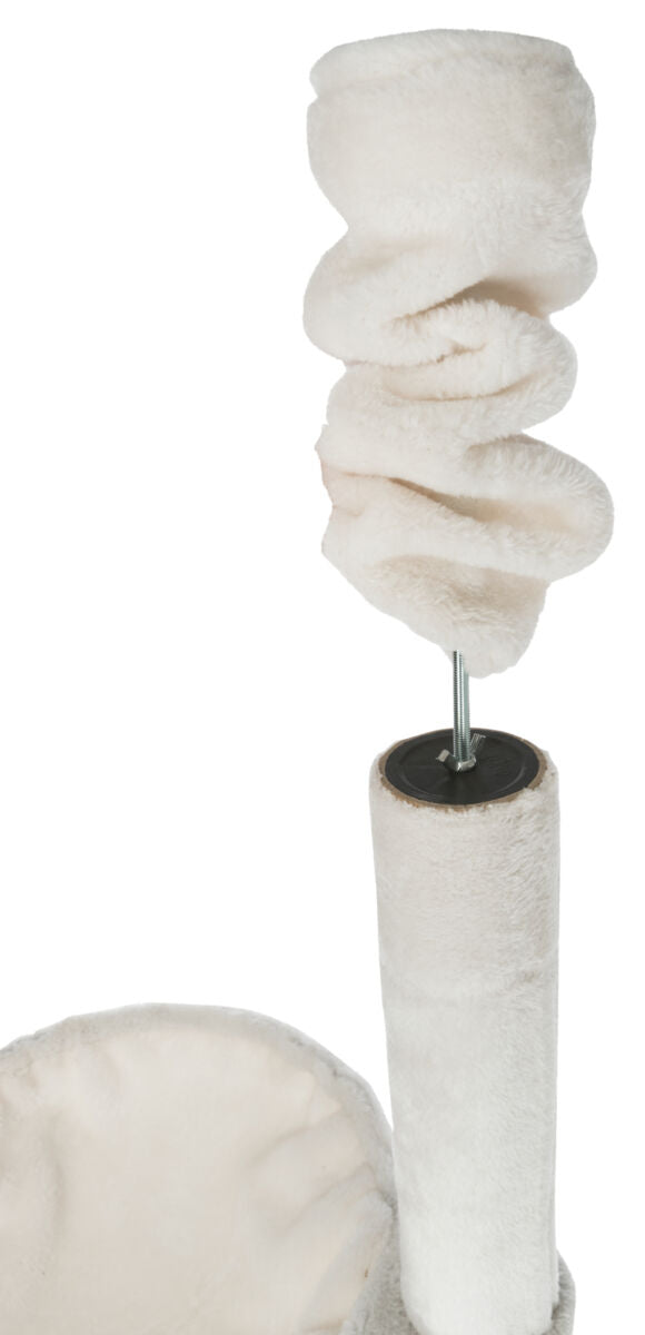 Plüschüberzogene Kratzbaumstange mit spiralförmigem Spielzeug in weißer Farbe.