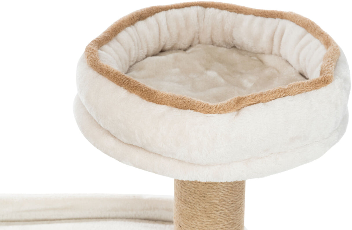 Beige Katzenbaum-Aussichtsplattform mit weicher Polsterung und leicht erhöhtem Rand, auf einem Sisal-Stamm montiert.