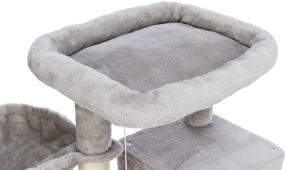 Grauer, gepolsterter Katzenbaum mit flauschigem Rand auf einer stabilen Säule montiert.