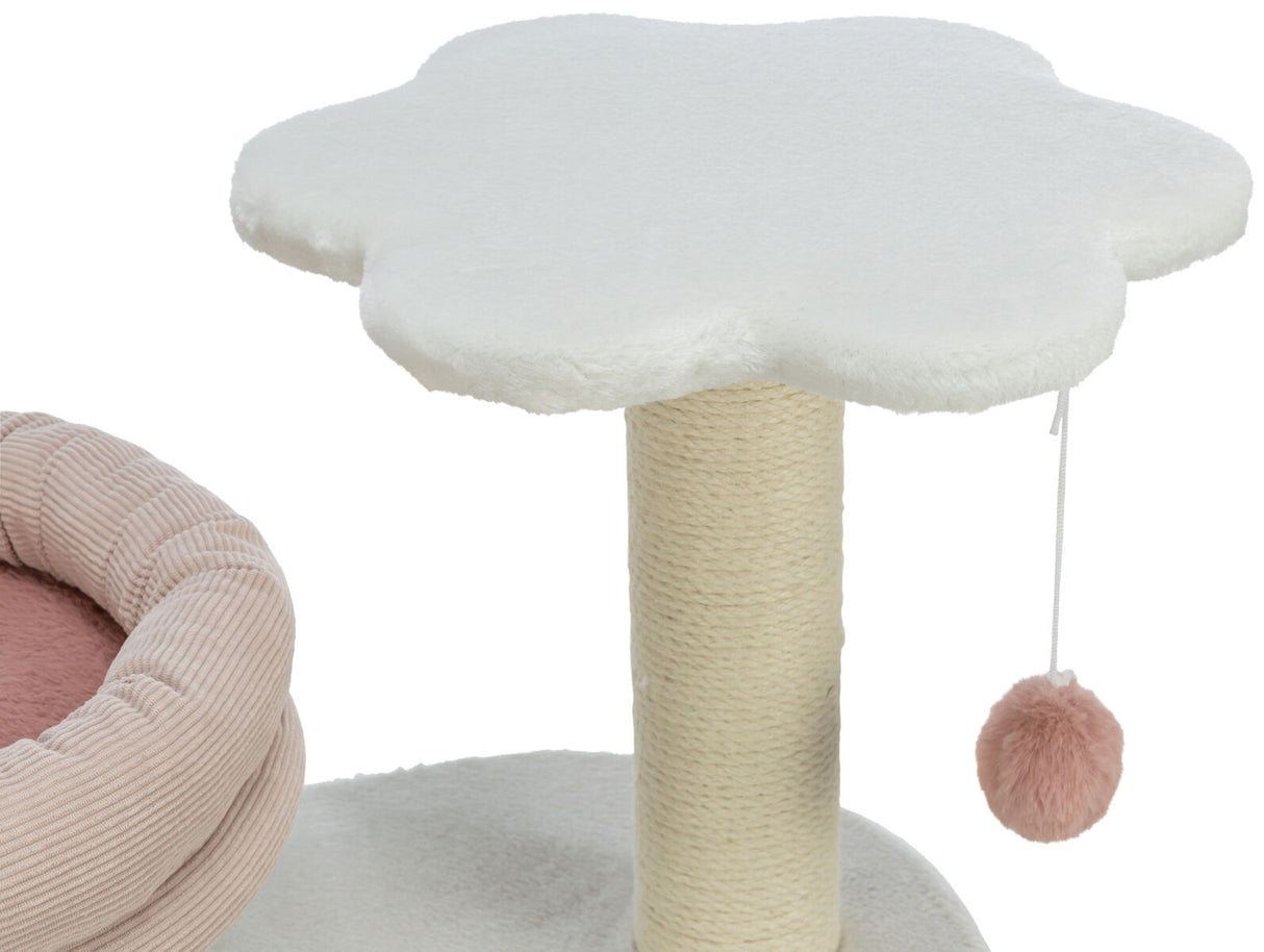 Kratzbaum mit beiger Säule, weißen Plattformen und rosa Spielball sowie einem rosa Bett aus geripptem Stoff.