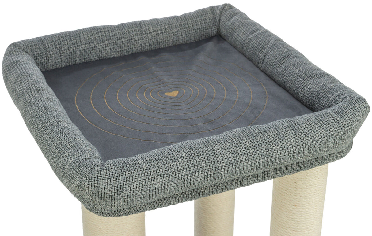 Quadratische Plattform mit weichem, grauem Rand und kreisförmigen Mustern auf dunklerer Oberfläche.