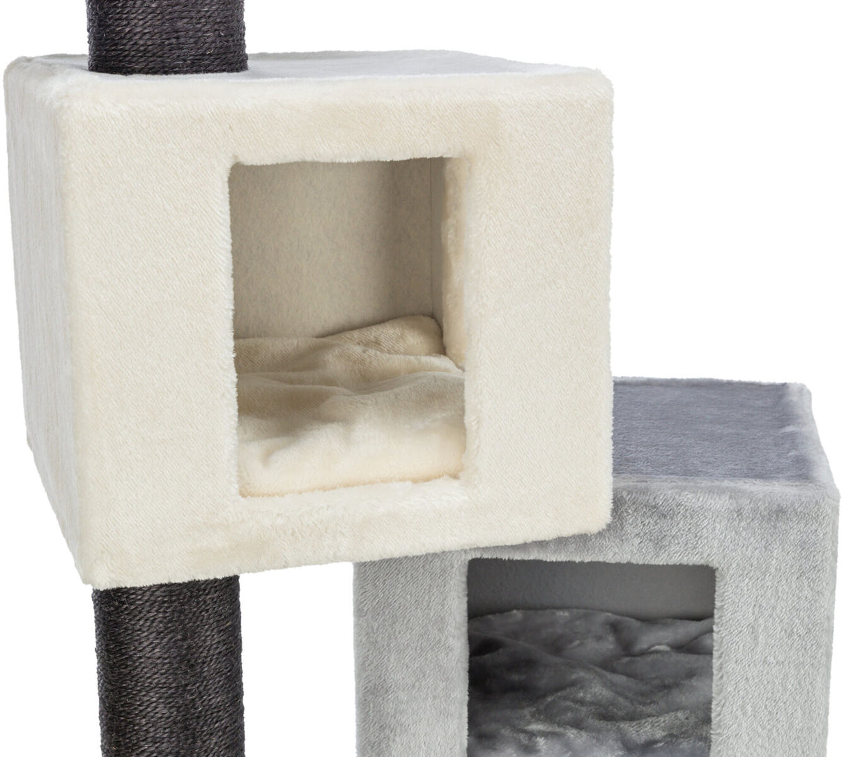Zwei übereinander gestapelte, flauschige Würfel in Creme und Grau mit offenen Eingängen, an einem schwarzen Pfosten befestigt.
