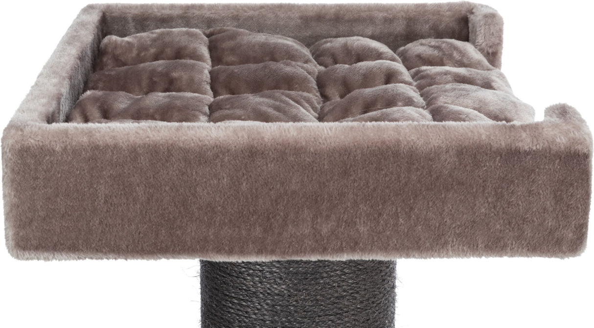 Weiches, graues Katzenbett mit hochstehendem Rand auf einem Sisal-Kratzbaum, quadratische Form.