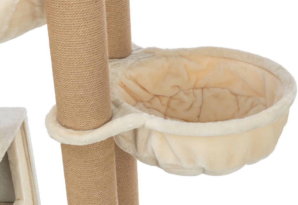 Beigefarbene Katzenhöhle mit Plüschstoff und Kratzsäule aus Seil.