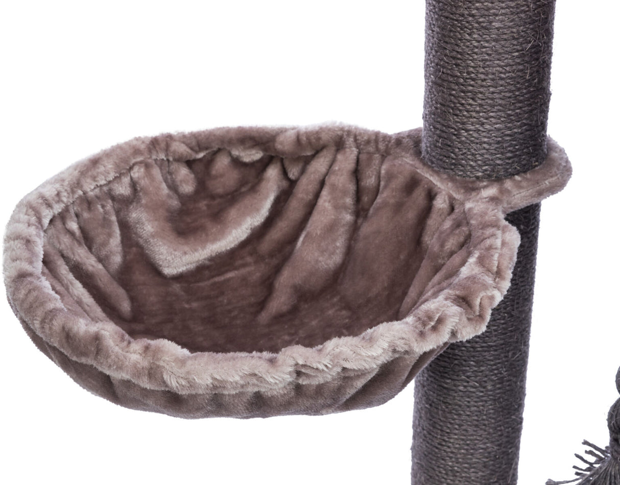 Kuschelige, braune Hängematte aus Plüsch an einem stabilen, dunkel umwickelten Pfosten, ideal für Kratzbäume.