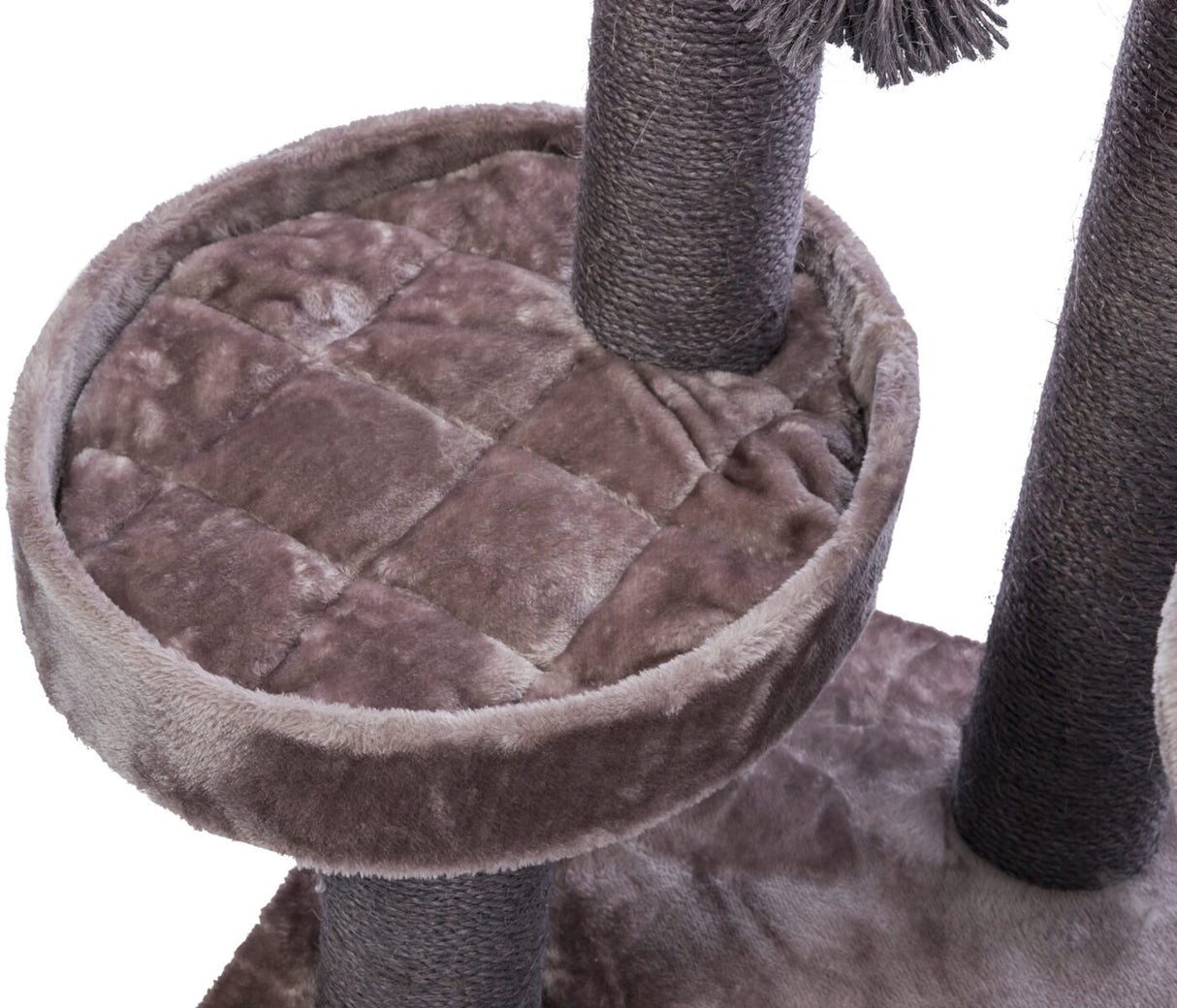 Katzenkratzbaum mit weicher, runder Liegefläche und robuster Sisalstamm in Grau, passend für Katzen.