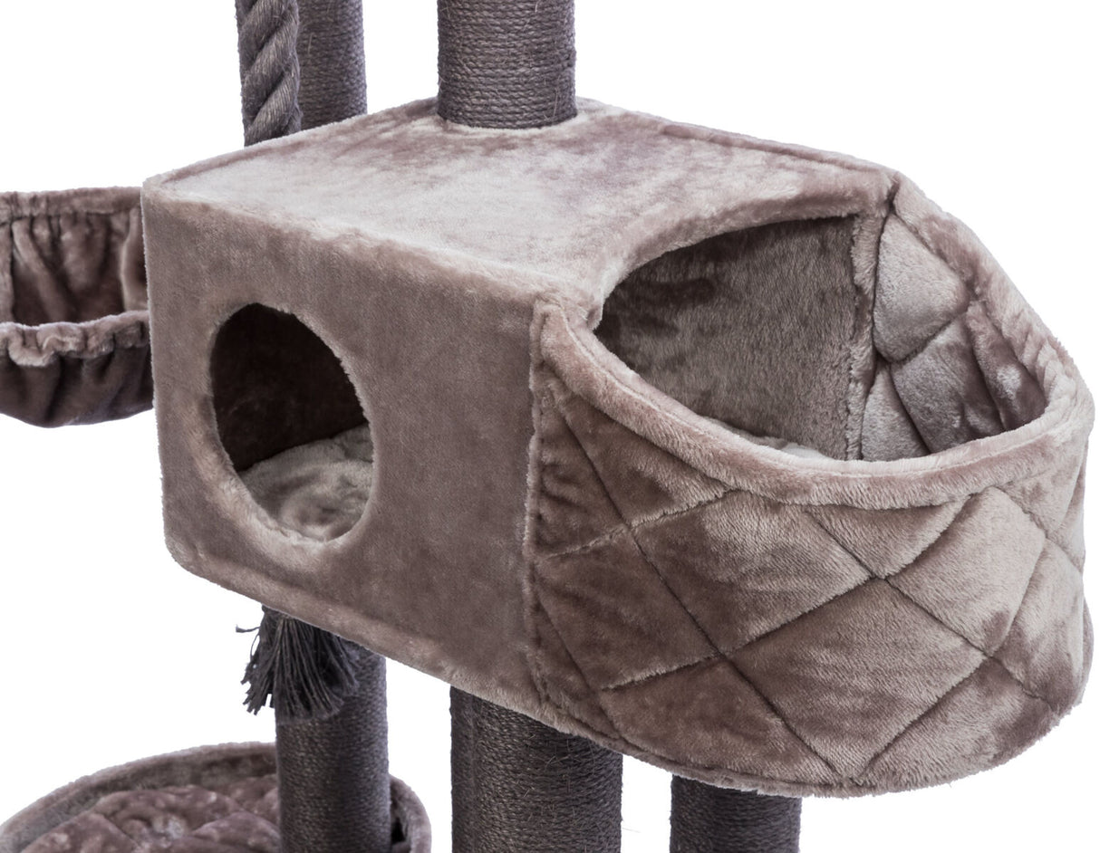 Grauer, weicher Würfel mit zwei Öffnungen, befestigt an einem Kratzbaum, geeignet als Tierhöhle.