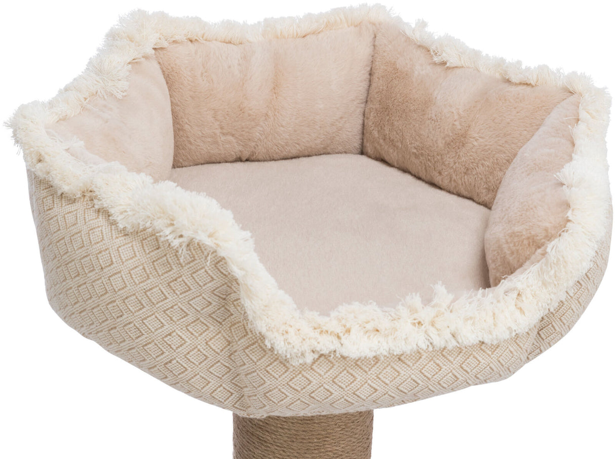 Weiches, rundes, beige Katzenbett mit Plüschbesatz und gemustertem Rand auf einem stabilen Ständer.