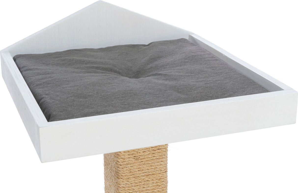 Weiße erhöhte Plattform mit grauem Kissen oben und säulenartigem Kratzstamm aus Seil.