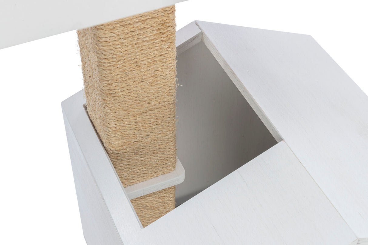 Ein Kratzbaum mit Naturseil umwickelt in einer weißen, offenen Holzkiste.