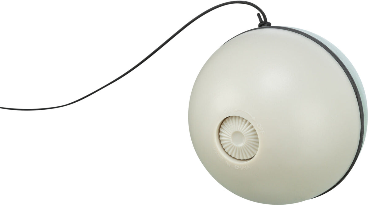 Weißes, rundes Gerät mit einem Drehregler an der Seite und einem daran befestigten schwarzen Kabel.