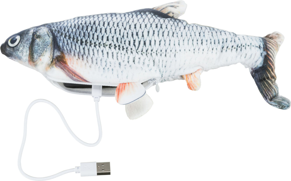 Ein plüschiger Fisch in realistischer Optik mit einem USB-Kabel, das an der Unterseite angeschlossen ist.