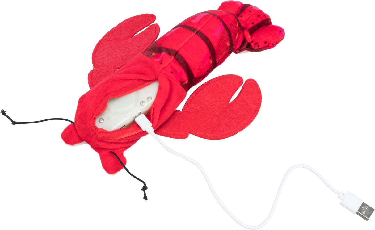 Rotes, plüschiges Stofftier in Form eines Hummers mit USB-Kabel, innen elektronische Komponenten sichtbar.