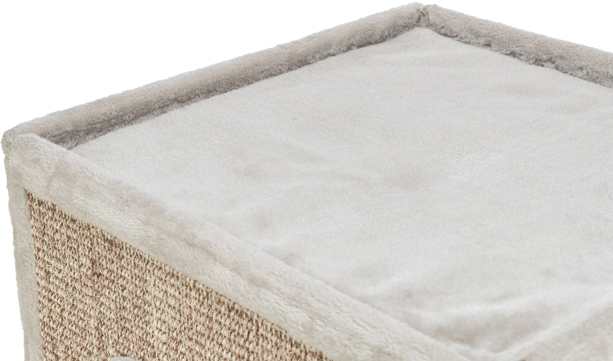 Beige Box mit weicher, grauer Oberseite und strukturierten Seiten aus geflochtenem Material.
