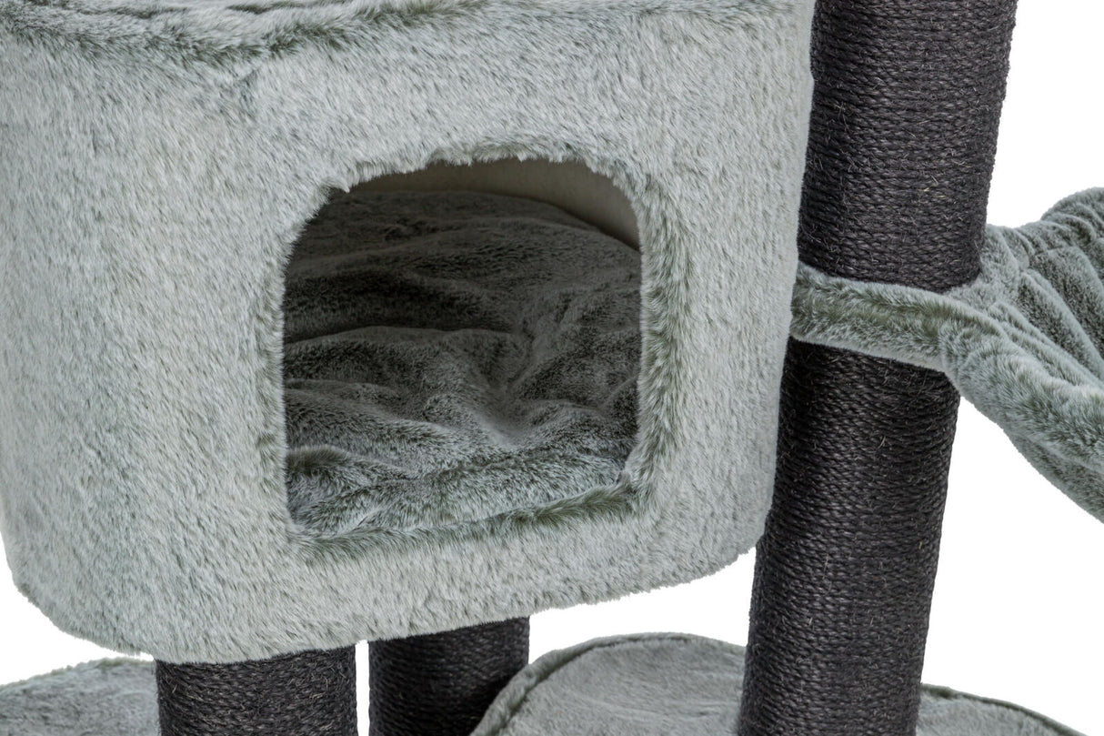 Weiche, graue Höhle mit offenem Eingang an einem schwarzen, mit Seil umwickelten Kratzbaum.