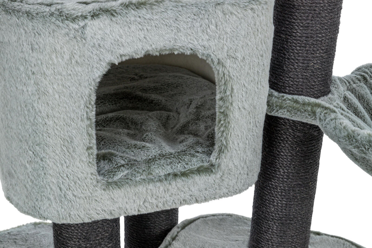 Weiche, graue Höhle mit offenem Eingang an einem schwarzen, mit Seil umwickelten Kratzbaum.