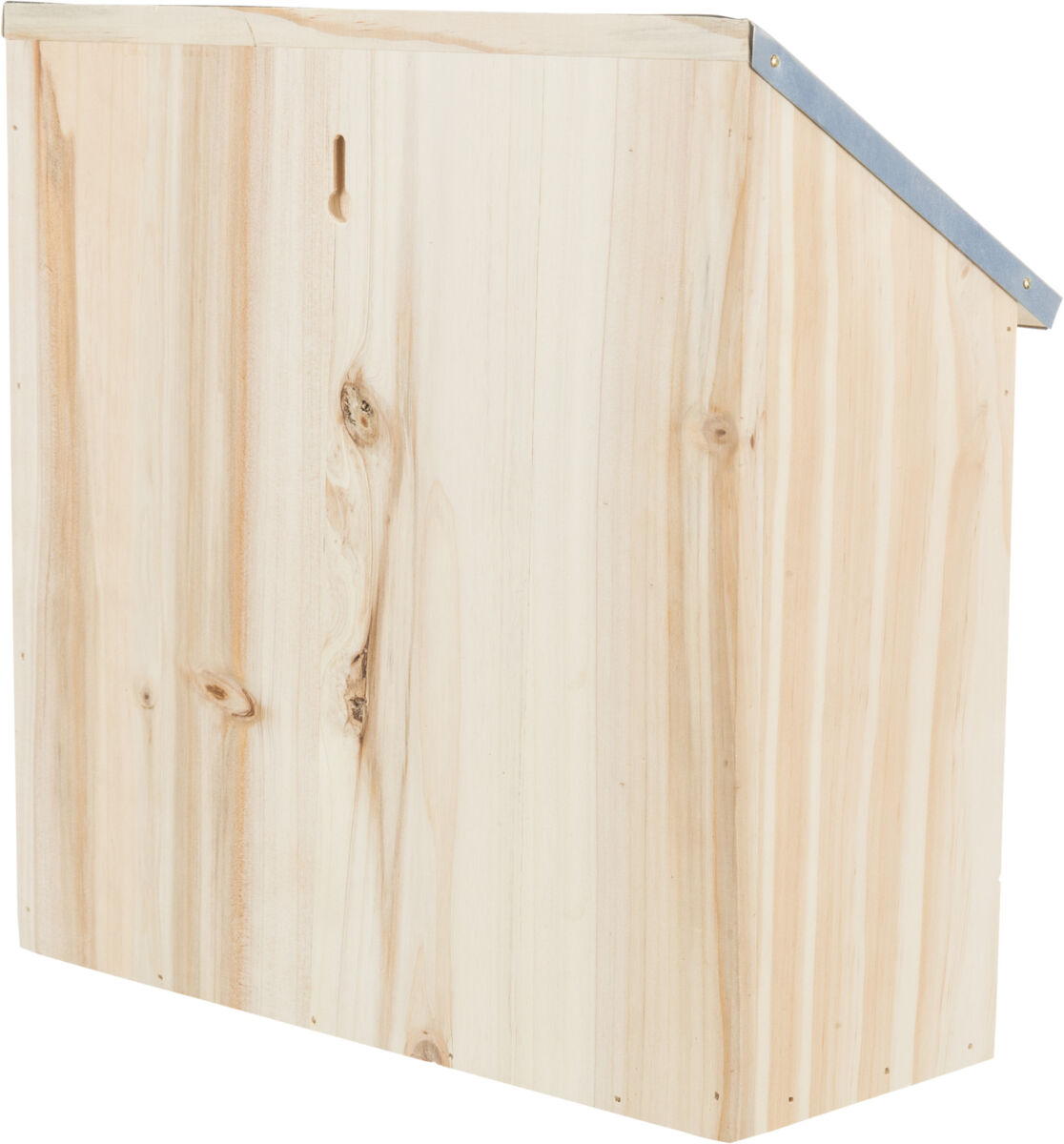 Holzkasten mit abgeschrägtem Metalldach und Holzmaserung, geeignet zum Aufhängen an der Wand.