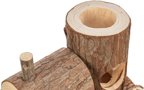 Holzstruktur mit runder Öffnung und Rinde, zwei vertikal und horizontal angeordnete Abschnitte.