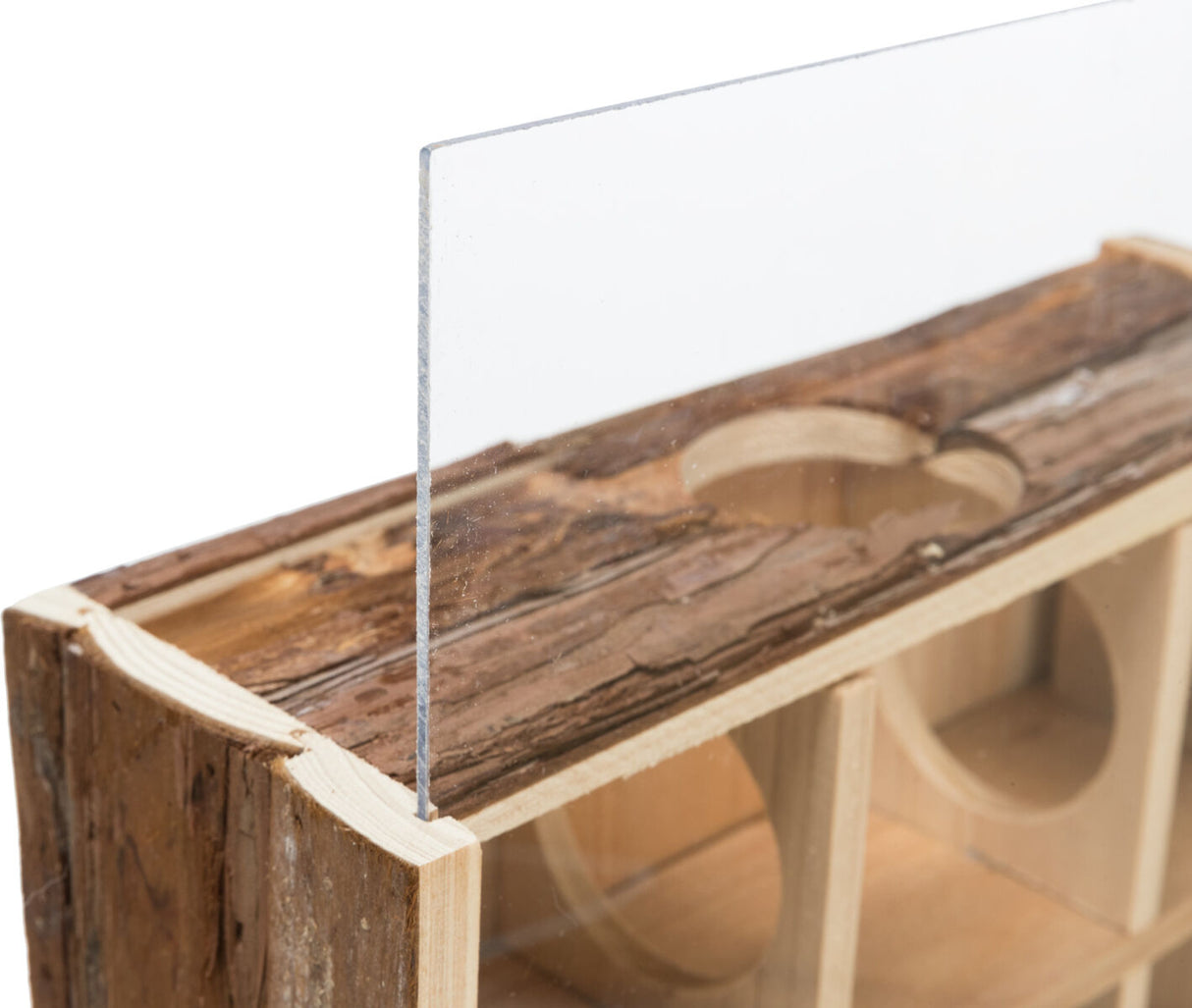 Holzregal mit Glasplatte und runder Aussparung auf einer oberen Holzfläche, natürliches Design.