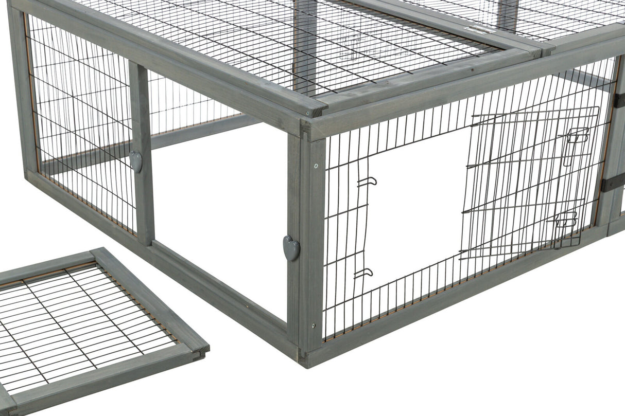 Rechteckiges Gittergehege aus grau lackiertem Holz mit Metallgitter und abnehmbarer Oberseite.