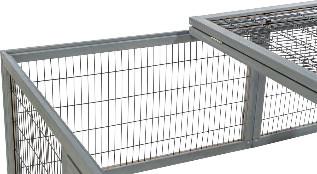 Graues Gittergehege aus Metall und Holz mit rechteckiger Form und einer abnehmbaren oberen Abdeckung.