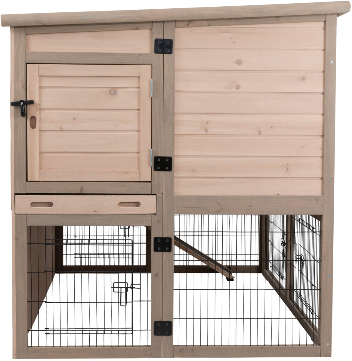 Holzgehege mit Drahtgitterboden, Holzrahmen und -wänden, zwei Türen, eine oben, eine unten.