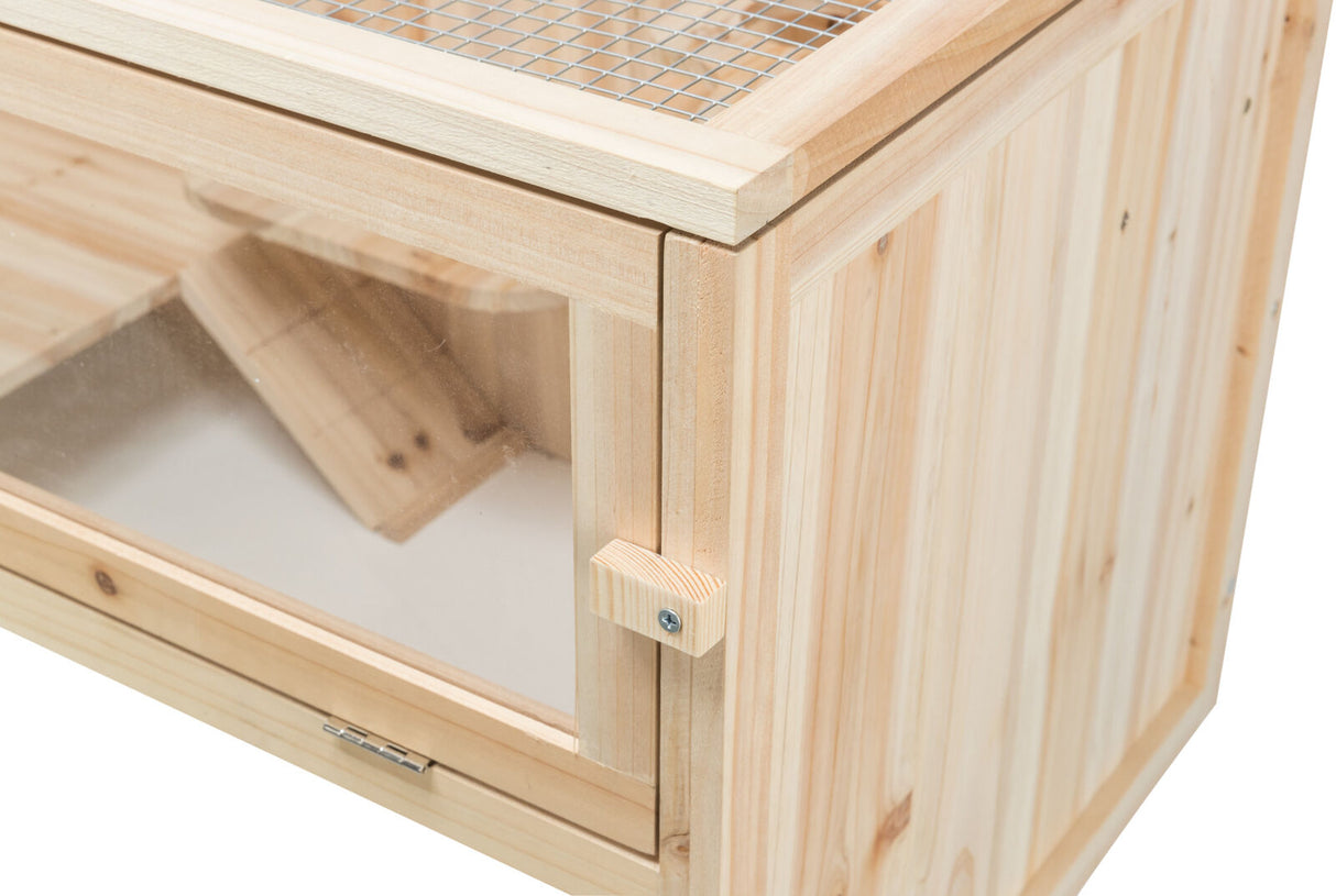 Holzterrarium mit Glasfront und Drahtgitter an der Oberseite in heller Holzfarbe.