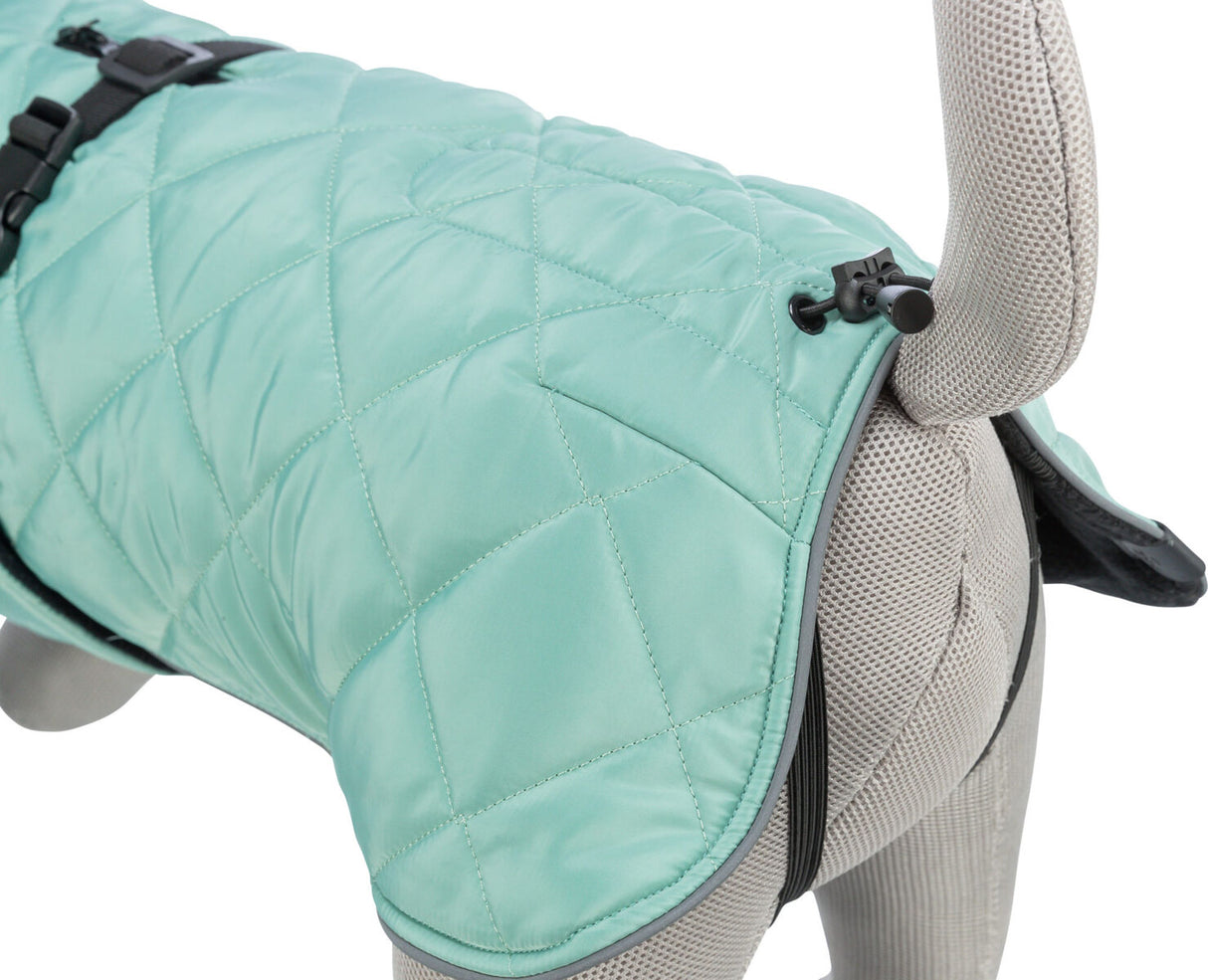Ein mintgrüner, gesteppter Hundemantel mit schwarzem Verschluss und elastischem Band auf einem grauen Stoffmodell.