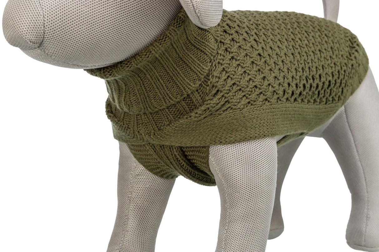 Grauer Hundemantel aus gestricktem Material in Olivgrün auf einem Hundemodell.