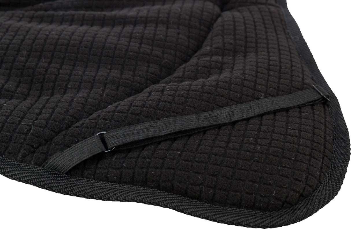 Schwarze, karierte Stoffdecke mit Riemen und Kante, Nahaufnahme der Textur und Struktur.