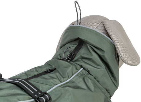 Hundemantel in olivgrün mit reflektierenden Streifen, Reißverschluss und verstellbarer Kapuze für Hunde.