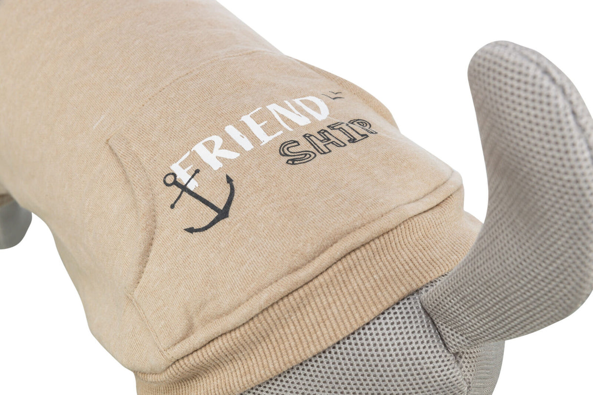 Beiger Hundepullover mit schwarzem Anker und dem weißen Text "FRIENDSHIP".
