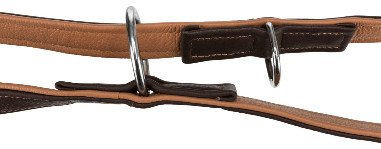 Braunes und dunkelbraunes Lederband mit silbernen Metallringen und sichtbaren Nähten, Nahaufnahme.