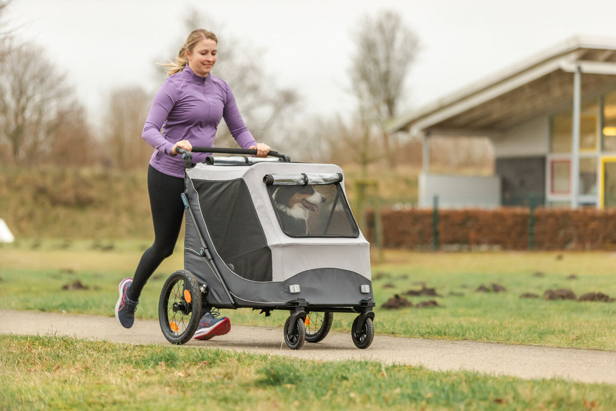 Eine Frau joggt mit einem Hund in einem Fahrradanhänger auf einem Gehweg.