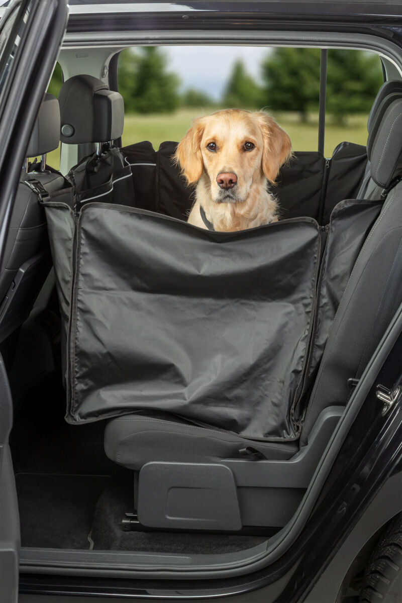 Ein Hund sitzt in einem schwarzen Kofferraumschutz im Auto, umgeben von grüner Landschaft.