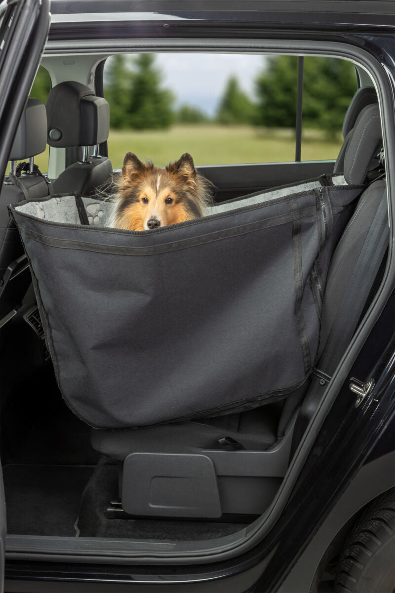 Hund sitzt in einer schwarzen Schutzhängematte auf dem Rücksitz eines Autos.