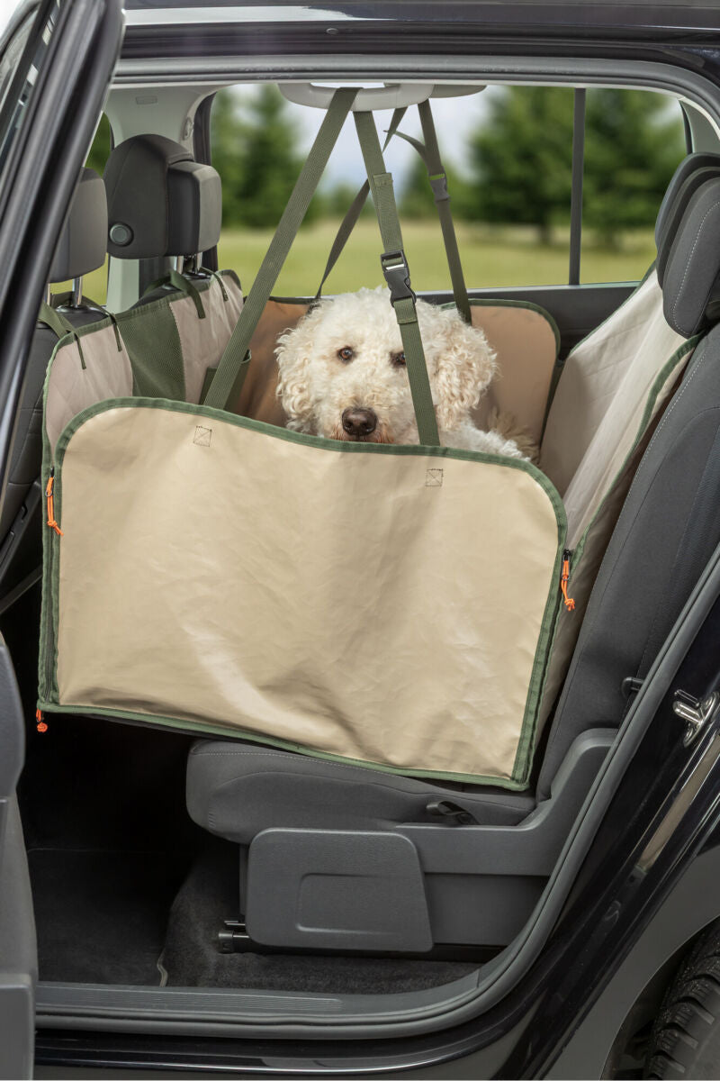 Ein Hund sitzt in einer beigen Autoschondecke auf dem Rücksitz eines Autos.