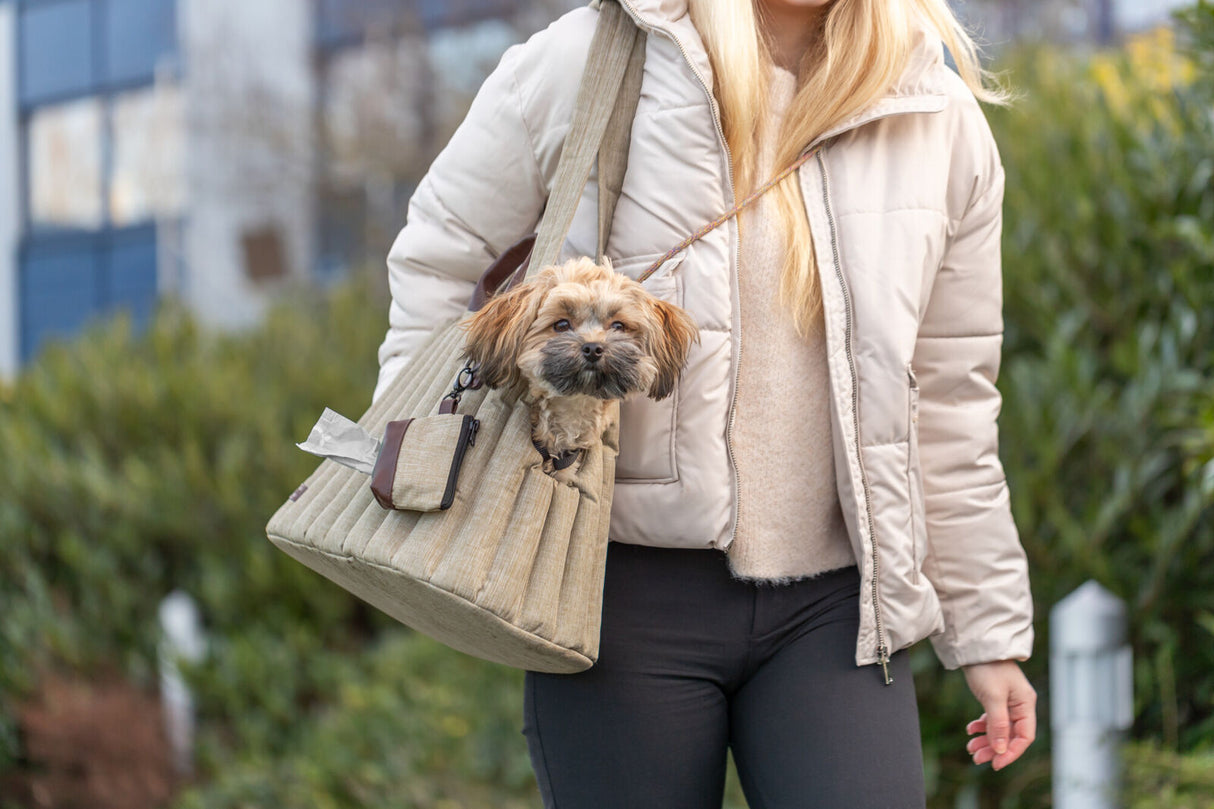 Person in heller Steppjacke trägt eine beigefarbene Tasche, aus der ein kleiner Hund herausschaut.