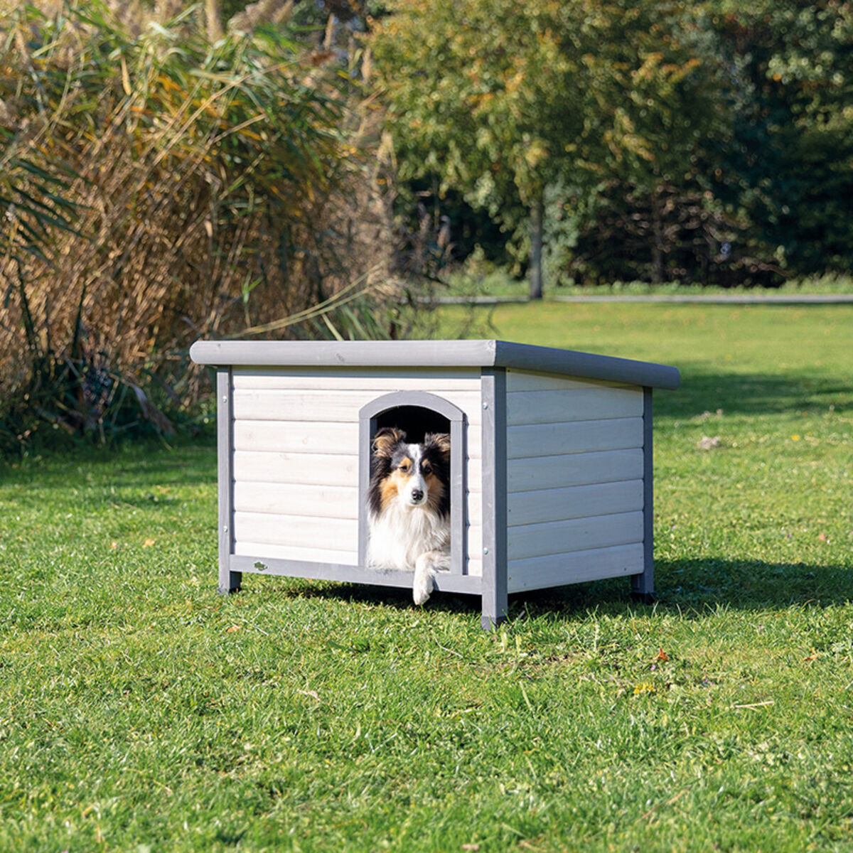 Ein Hund blickt aus einer grauen Hundehütte auf einer grünen Wiese mit Bäumen im Hintergrund.