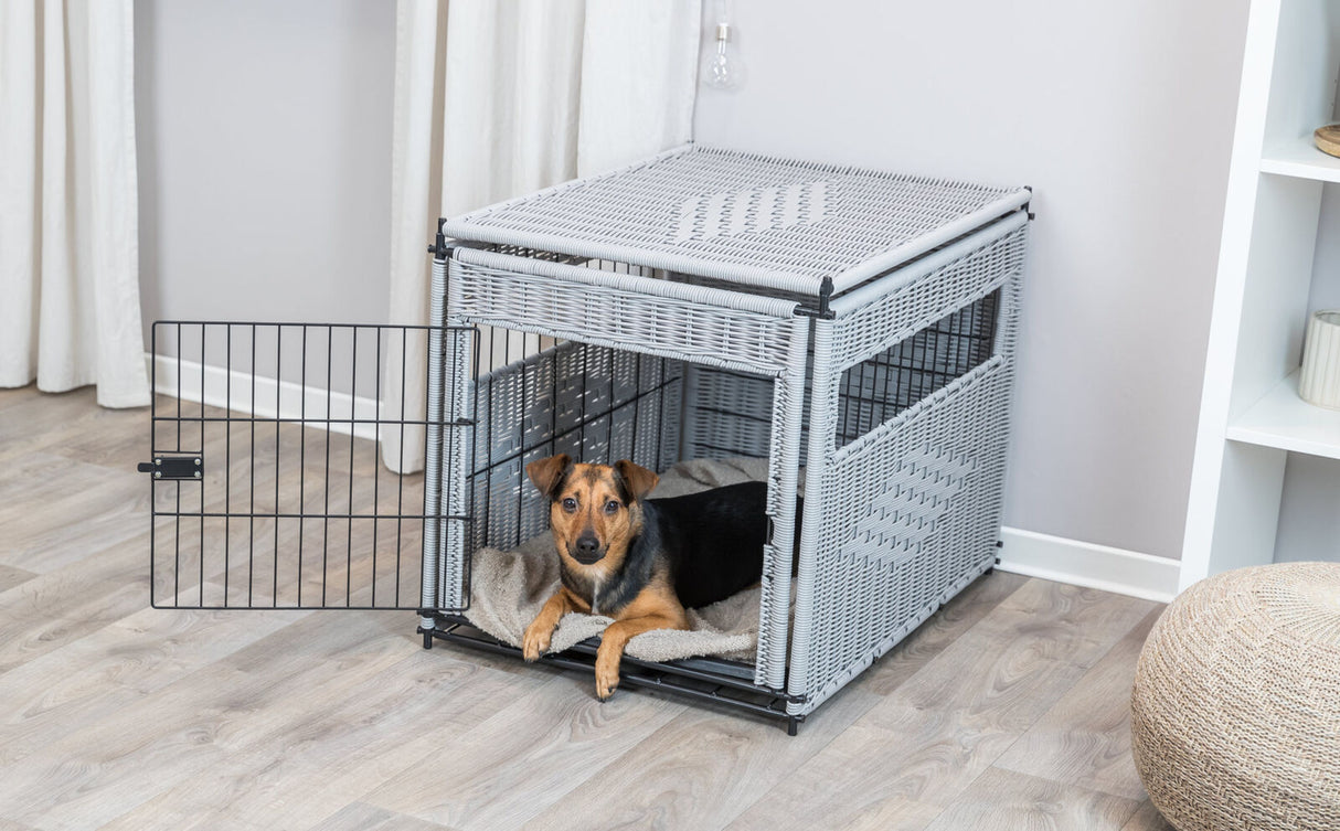 Ein kleiner brauner Hund liegt in einem grauen, geflochtenen Tierkäfig mit offener Tür auf einem beigen Kissen.